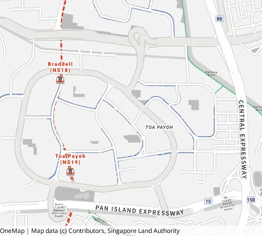 Map of the area around Blk 50 Lor 5 Toa Payoh in Toa Payoh, showing 400 m and 1 km rings and 3 primary schools within 1 km