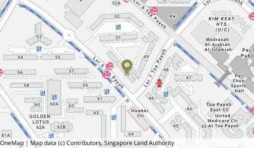 Location map of Blk 50 Lor 5 Toa Payoh, a HDB resale block in Toa Payoh, Singapore