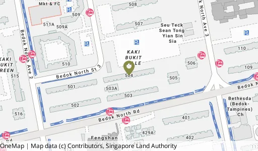 Location map of Blk 504 Bedok Nth St 3, a HDB resale block in Bedok, Singapore