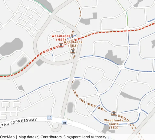 Map of the area around Blk 511 Woodlands Dr 14 in Woodlands, showing 400 m and 1 km rings and 6 primary schools within 1 km