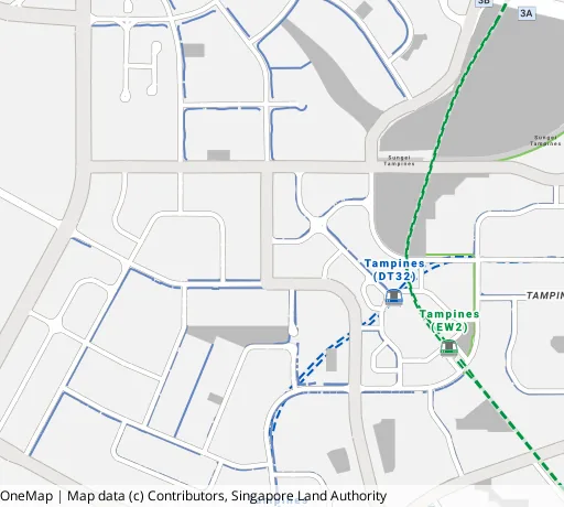 Map of the area around Blk 515B Tampines Ctrl 7 in Tampines, showing 400 m and 1 km rings and 4 primary schools within 1 km