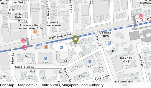 Location map of Blk 52 Cassia Cres, a HDB resale block in Geylang, Singapore