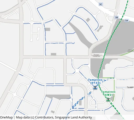 Map of the area around Blk 523B Tampines Ctrl 7 in Tampines, showing 400 m and 1 km rings and 2 primary schools within 1 km