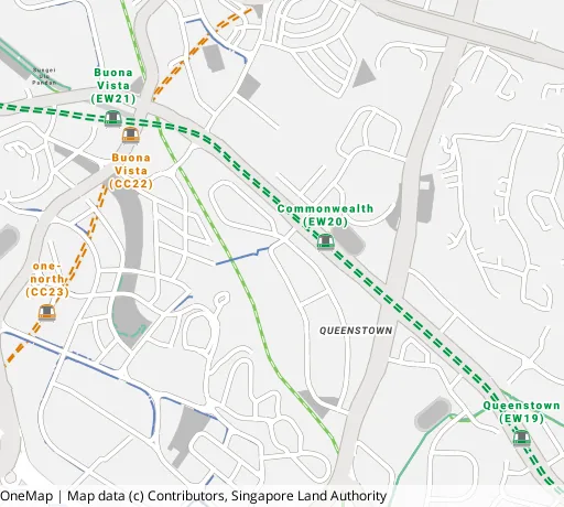 Map of the area around Blk 53 C'wealth Dr in Queenstown, showing 400 m and 1 km rings and 1 primary school within 1 km