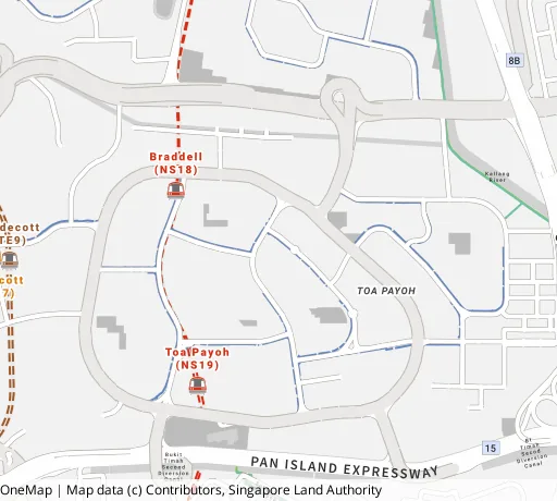 Map of the area around Blk 53 Lor 5 Toa Payoh in Toa Payoh, showing 400 m and 1 km rings and 3 primary schools within 1 km