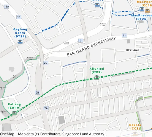 Map of the area around Blk 53 Sims Pl in Geylang, showing 400 m and 1 km rings and 1 primary school within 1 km