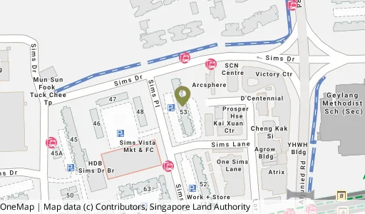 Location map of Blk 53 Sims Pl, a HDB resale block in Geylang, Singapore
