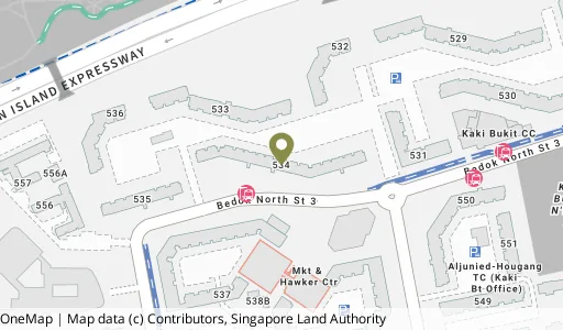 Location map of Blk 534 Bedok Nth St 3, a HDB resale block in Bedok, Singapore