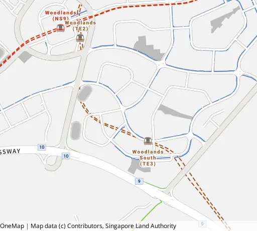 Map of the area around Blk 538 Woodlands Dr 16 in Woodlands, showing 400 m and 1 km rings and 5 primary schools within 1 km