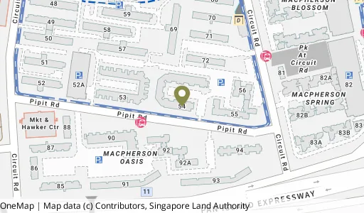 Location map of Blk 54 Pipit Rd, a HDB resale block in Geylang, Singapore