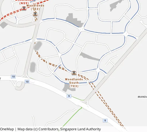 Map of the area around Blk 543 Woodlands Dr 16 in Woodlands, showing 400 m and 1 km rings and 5 primary schools within 1 km