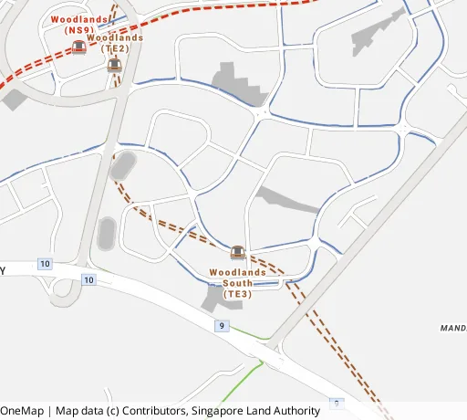 Map of the area around Blk 545 Woodlands Dr 16 in Woodlands, showing 400 m and 1 km rings and 5 primary schools within 1 km