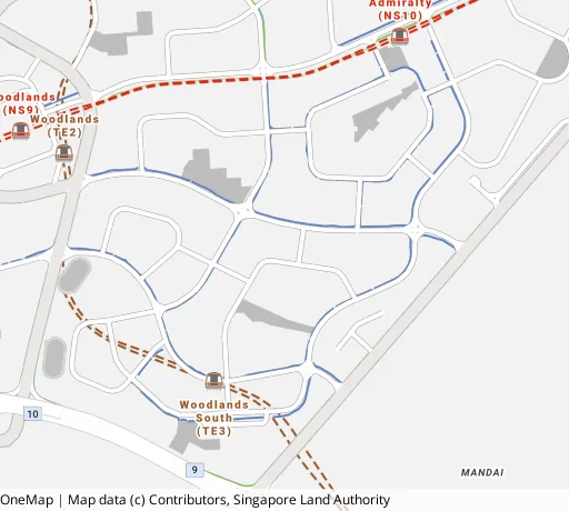 Map of the area around Blk 554 Woodlands Dr 53 in Woodlands, showing 400 m and 1 km rings and 4 primary schools within 1 km