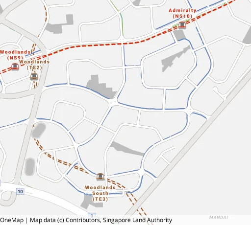 Map of the area around Blk 556 Woodlands Dr 53 in Woodlands, showing 400 m and 1 km rings and 4 primary schools within 1 km