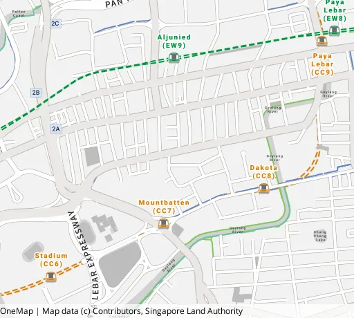Map of the area around Blk 56 Cassia Cres in Geylang, showing 400 m and 1 km rings and 2 primary schools within 1 km