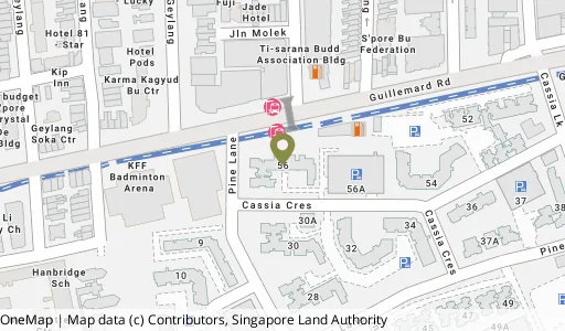 Location map of Blk 56 Cassia Cres, a HDB resale block in Geylang, Singapore