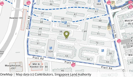 Location map of Blk 57 Circuit Rd, a HDB resale block in Geylang, Singapore