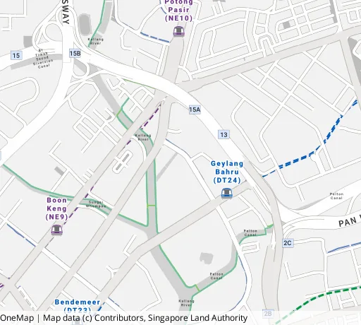 Map of the area around Blk 57 Geylang Bahru in Kallang/Whampoa, showing 400 m and 1 km rings and 2 primary schools within 1 km
