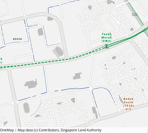 Map of the area around Blk 57 New Upp Changi Rd in Bedok, showing 400 m and 1 km rings and 2 primary schools within 1 km