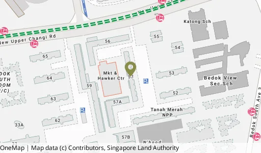 Location map of Blk 57 New Upp Changi Rd, a HDB resale block in Bedok, Singapore