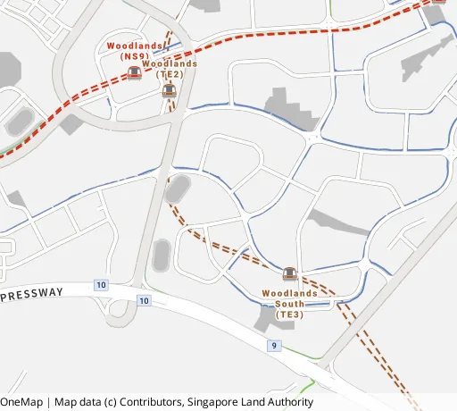 Map of the area around Blk 570A Woodlands Ave 1 in Woodlands, showing 400 m and 1 km rings and 5 primary schools within 1 km