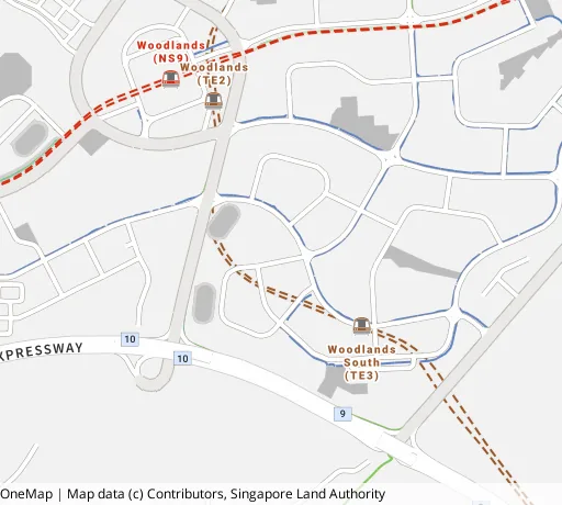 Map of the area around Blk 571B Woodlands Ave 1 in Woodlands, showing 400 m and 1 km rings and 5 primary schools within 1 km