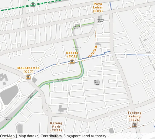 Map of the area around Blk 58 Dakota Cres in Geylang, showing 400 m and 1 km rings and 1 primary school within 1 km