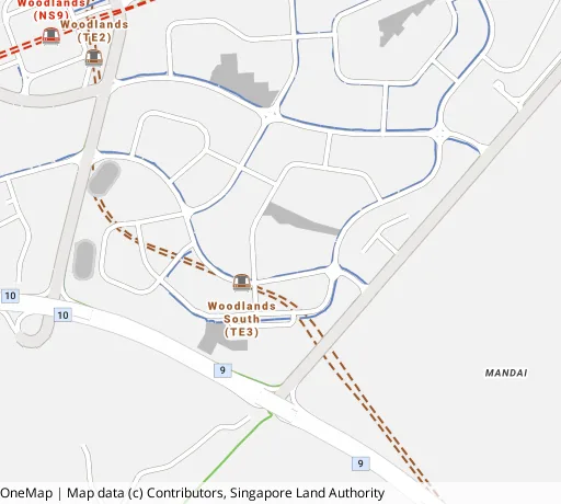 Map of the area around Blk 587 Woodlands Dr 16 in Woodlands, showing 400 m and 1 km rings and 4 primary schools within 1 km