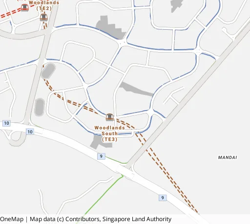 Map of the area around Blk 589 Woodlands Dr 16 in Woodlands, showing 400 m and 1 km rings and 3 primary schools within 1 km
