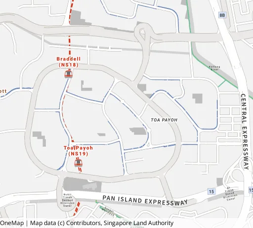 Map of the area around Blk 59 Lor 5 Toa Payoh in Toa Payoh, showing 400 m and 1 km rings and 3 primary schools within 1 km