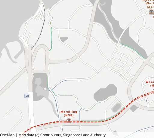Map of the area around Blk 5A Marsiling Dr in Woodlands, showing 400 m and 1 km rings and 1 primary school within 1 km