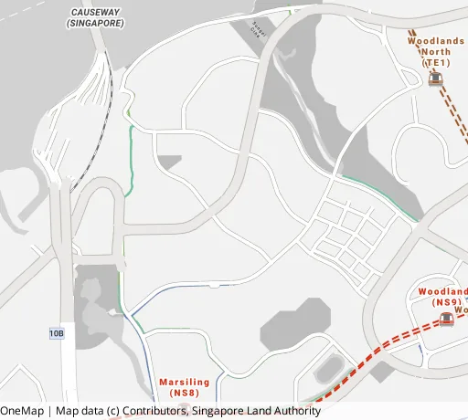 Map of the area around Blk 6 Marsiling Dr in Woodlands, showing 400 m and 1 km rings and 1 primary school within 1 km