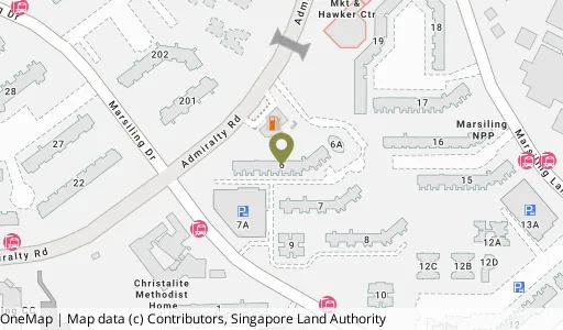 Location map of Blk 6 Marsiling Dr, a HDB resale block in Woodlands, Singapore