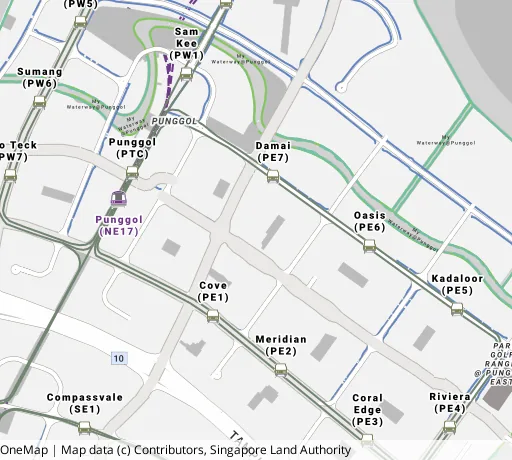 Map of the area around Blk 601D Punggol Ctrl in Punggol, showing 400 m and 1 km rings and 6 primary schools within 1 km