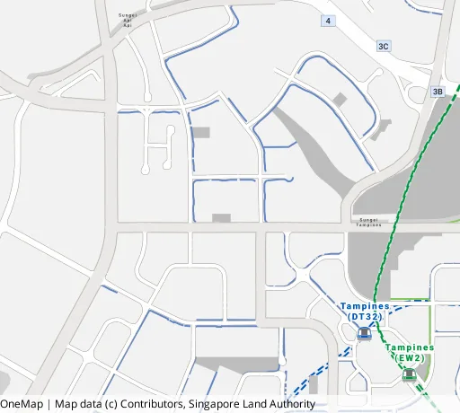 Map of the area around Blk 601D Tampines Ave 9 in Tampines, showing 400 m and 1 km rings and 2 primary schools within 1 km