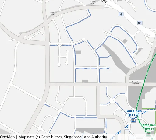 Map of the area around Blk 605B Tampines St 61 in Tampines, showing 400 m and 1 km rings and 2 primary schools within 1 km