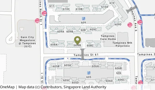 Location map of Blk 608B Tampines Nth Dr 1, a HDB resale block in Tampines, Singapore