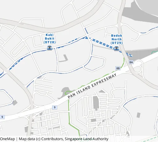 Map of the area around Blk 609 Bedok Reservoir Rd in Bedok, showing 400 m and 1 km rings and 1 primary school within 1 km