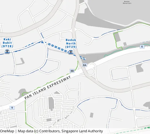 Map of the area around Blk 613B Bedok Reservoir Rd in Bedok, showing 400 m and 1 km rings and 2 primary schools within 1 km