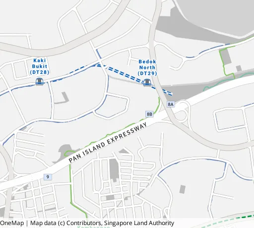 Map of the area around Blk 615 Bedok Reservoir Rd in Bedok, showing 400 m and 1 km rings and 2 primary schools within 1 km