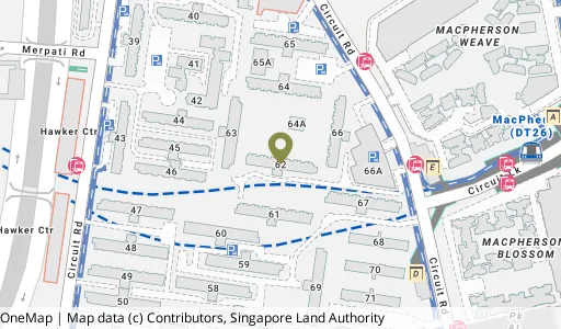 Location map of Blk 62 Circuit Rd, a HDB resale block in Geylang, Singapore