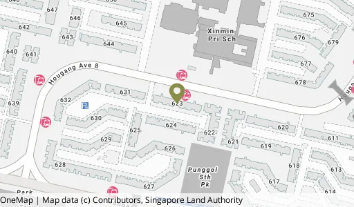 Location map of Blk 623 Hougang Ave 8, a HDB resale block in Hougang, Singapore