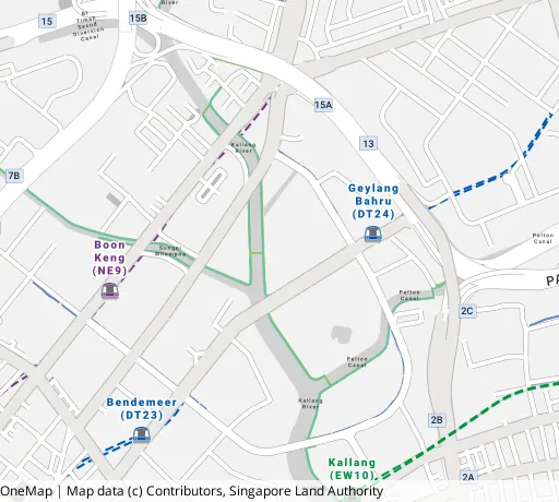 Map of the area around Blk 63 Kallang Bahru in Kallang/Whampoa, showing 400 m and 1 km rings and 1 primary school within 1 km