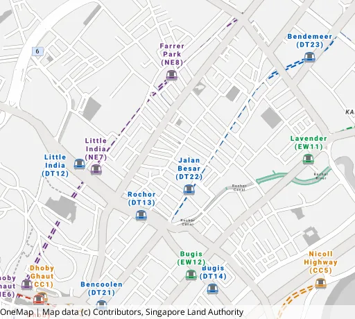 Map of the area around Blk 640 Rowell Rd in Central Area, showing 400 m and 1 km rings and 1 primary school within 1 km