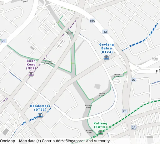 Map of the area around Blk 65 Kallang Bahru in Kallang/Whampoa, showing 400 m and 1 km rings and 1 primary school within 1 km