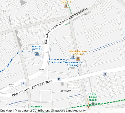 Map of the area around Blk 66 Circuit Rd in Geylang, showing 400 m and 1 km rings and 1 primary school within 1 km