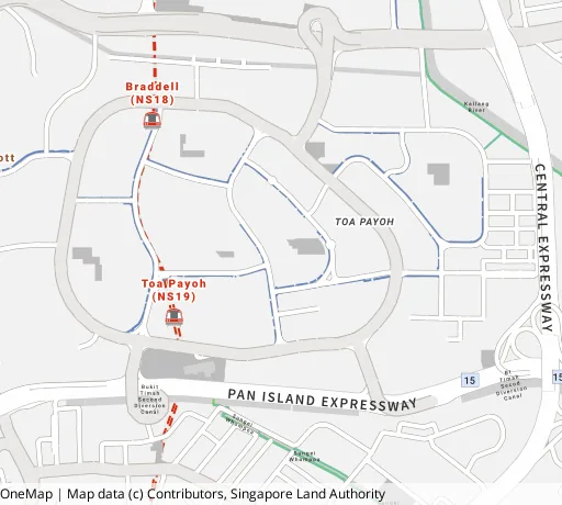 Map of the area around Blk 66 Lor 4 Toa Payoh in Toa Payoh, showing 400 m and 1 km rings and 3 primary schools within 1 km