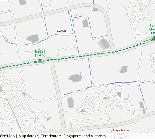 Map of the area around Blk 7 Bedok Sth Ave 2 in Bedok, showing 400 m and 1 km rings and 2 primary schools within 1 km