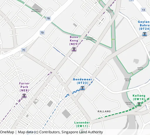 Map of the area around Blk 7 Boon Keng Rd in Kallang/Whampoa, showing 400 m and 1 km rings and 2 primary schools within 1 km