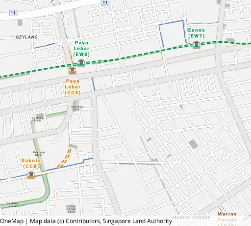 Map of the area around Blk 7 Haig Rd in Geylang, showing 400 m and 1 km rings and 1 primary school within 1 km